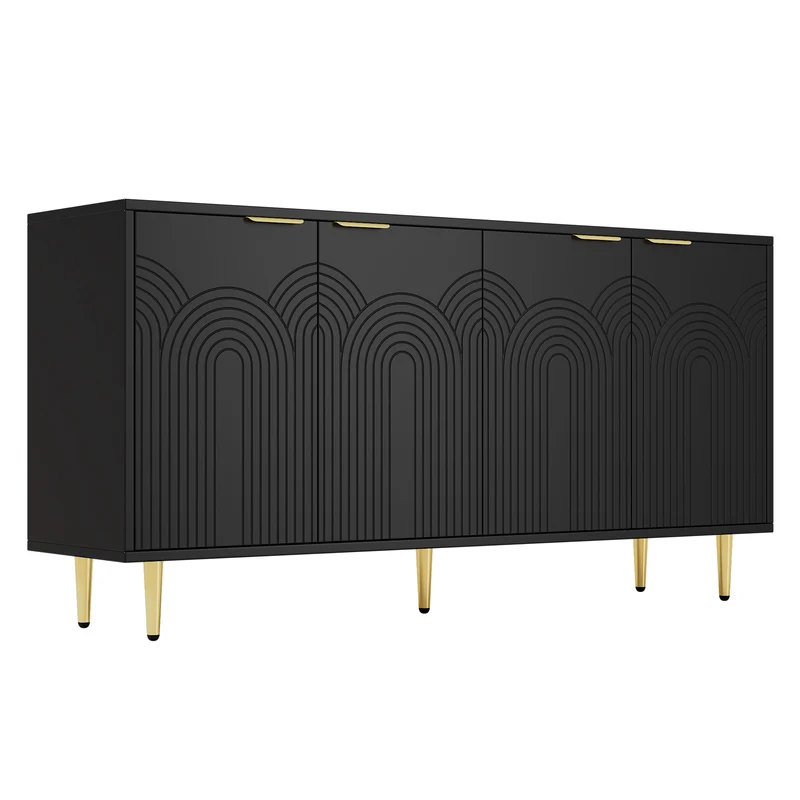 Buffet noir avec 4 portes poignées et pieds dorées 160x40x80cm ALUMINUMMIRROR