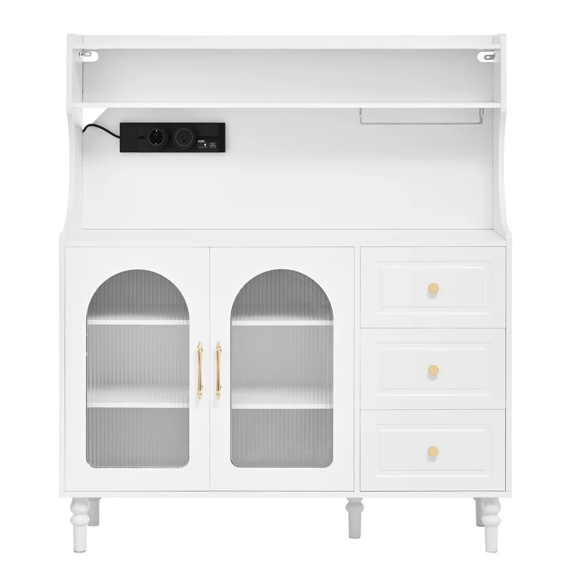 Vaisselier de cuisine blanc avec prises, porte-verre 120x40x138,5cm CASCADEVERTEXXX