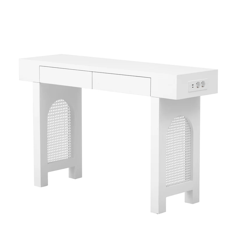 Console blanche pieds en rotin 2 tiroirs et avec prises & USB 120x35,5x76,5 cm MOMENTUMCLAR