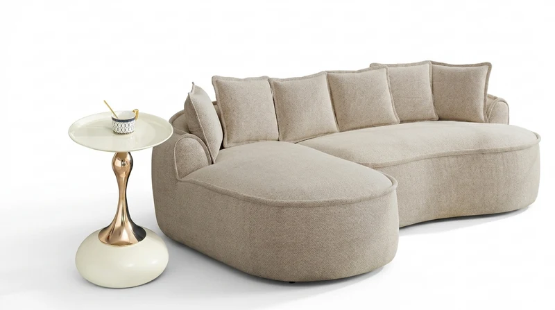 Ensemble de canapé modulable 3 places sans cadre en tissu chenille beige et table d'appoint ronde beige dorée CRYSTALNOVA+PHOENIXRISE