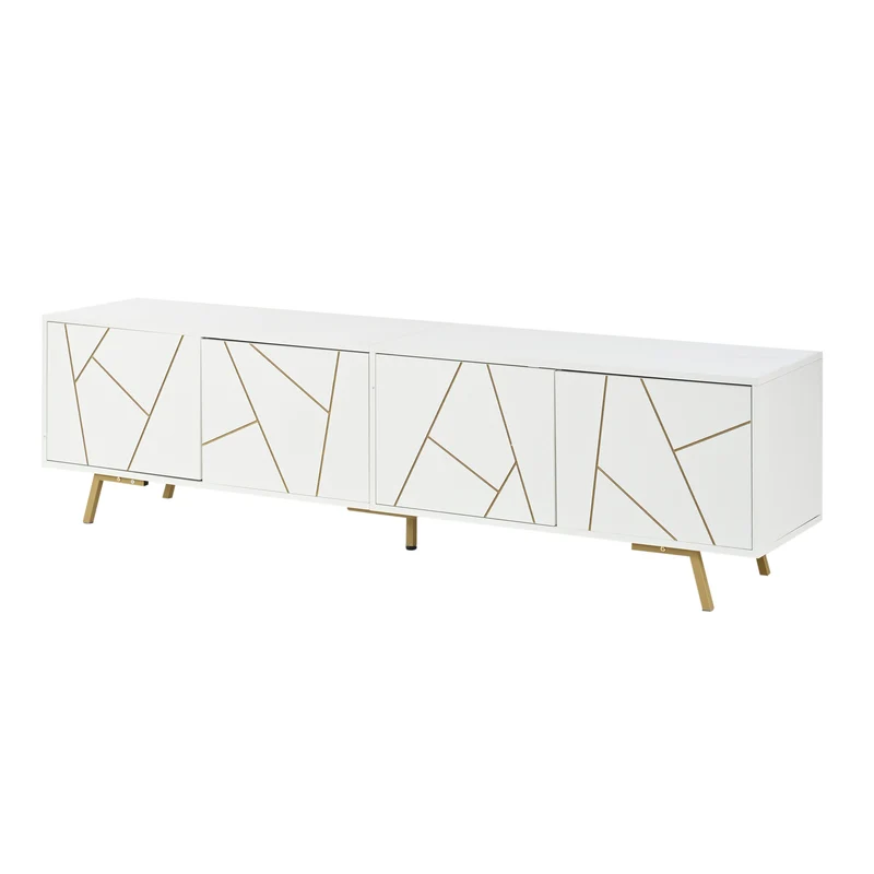 Meuble TV blanc 4 portes, design contemporain et lignes dorés asymétriques CASCADENEXUSA
