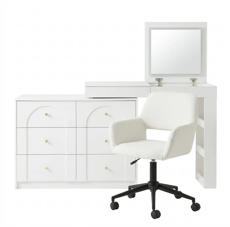 Ensemble de coiffeuse blanc mirror LED et chaise blanche mobile CARROIL ROSS