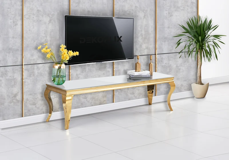 Meuble TV verre blanc design doré - Neo
