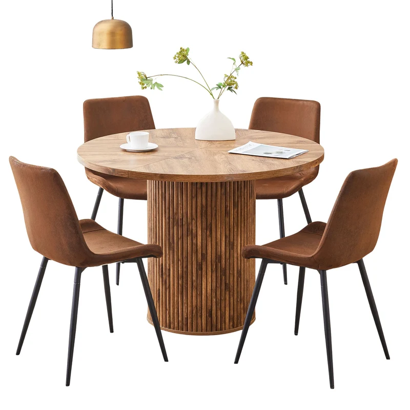 Ensemble de table à manger ronde effet bois 100 cm avec 4 chaises tissu marron MYSTICARA