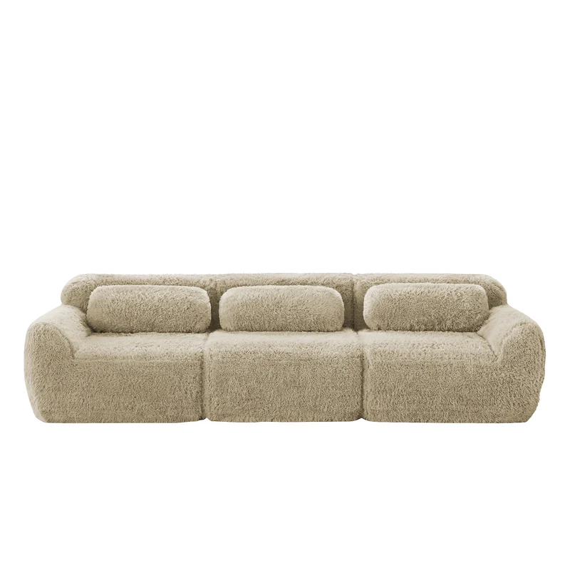 Canapé 3 places en tissu peluche premium beige avec coussins sans montage MOMENTUMCLARRR