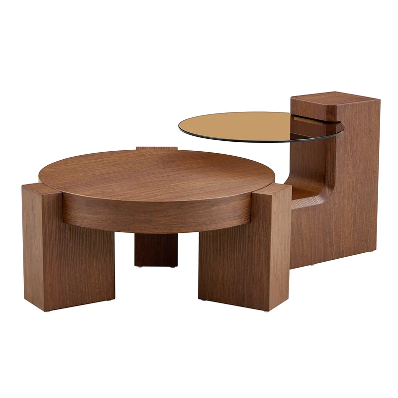 Lot de 2 tables basses modulables ronde effet noyer et verre trempé marron 61/44cm MERIDIANVERTE