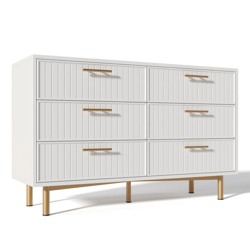 Buffet blanc design rayuré 6 tiroirs détails dorés 120x75x40 cm INFINITEQUASARX