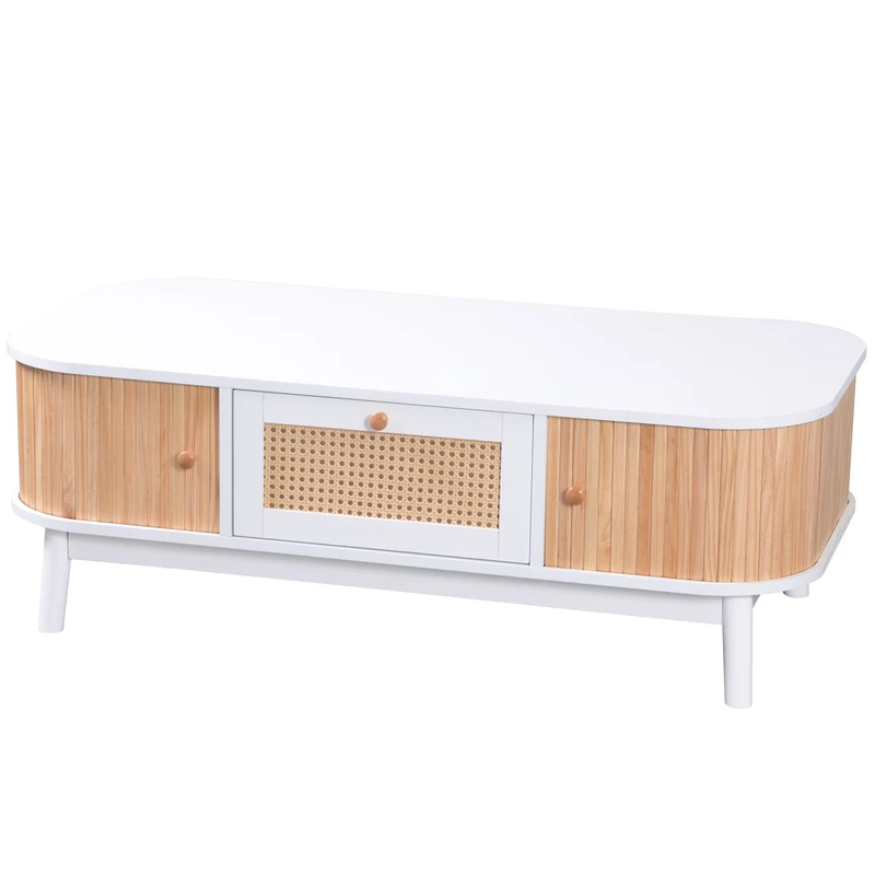 Table basse blanche en rotin 2 portes coulissantes 110x55x38,5 cm MERIDIANCLARITYY