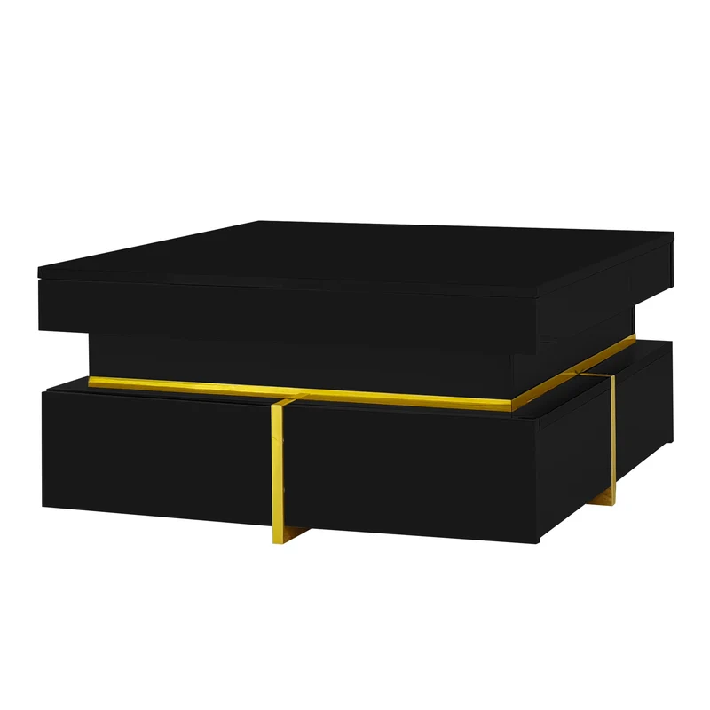 Table basse noir brillant avec 2 tiroirs et accents dorés INFINITERIFTZ
