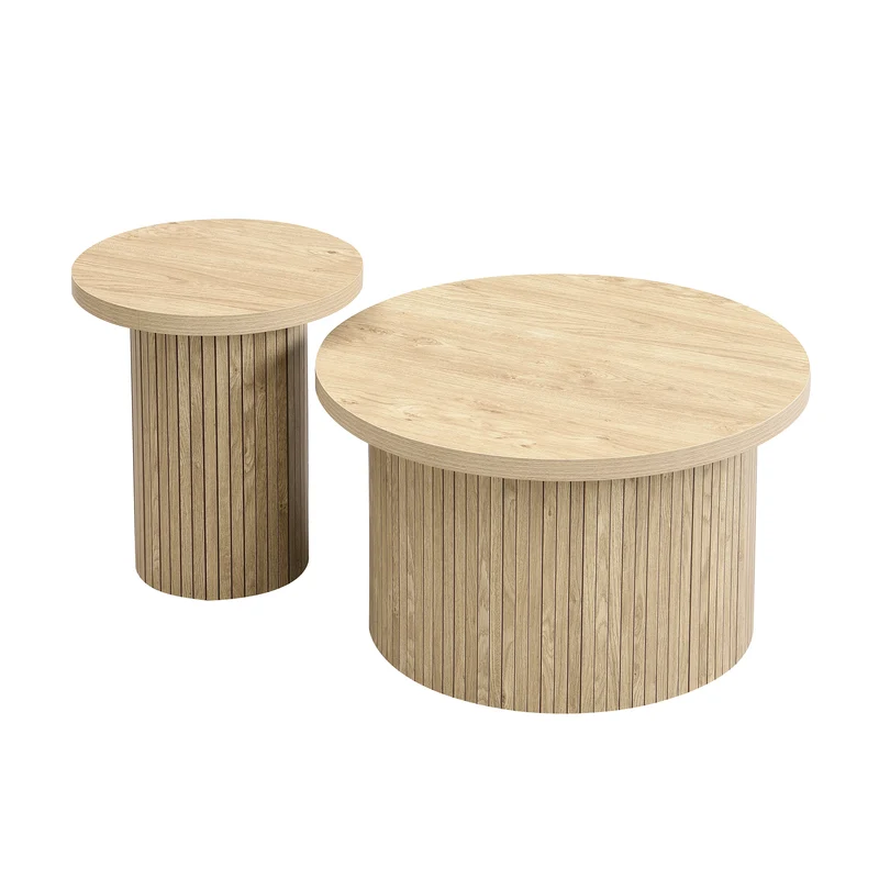 Ensemble de 2 tables basses gigognes rondes effet bois chêne design latté RIFTZORVAKYN