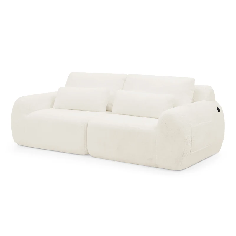 Canapé 2 places en fausse fourrure de lapin, beige, USB, poche latérale VERTEXZYNTHYNOR