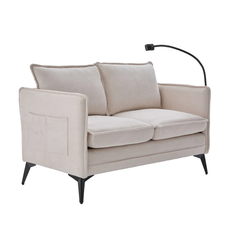 Canapé 2 places en tissu chenille beige avec support téléphone réglable 127x69x66cm INFINITEVORN