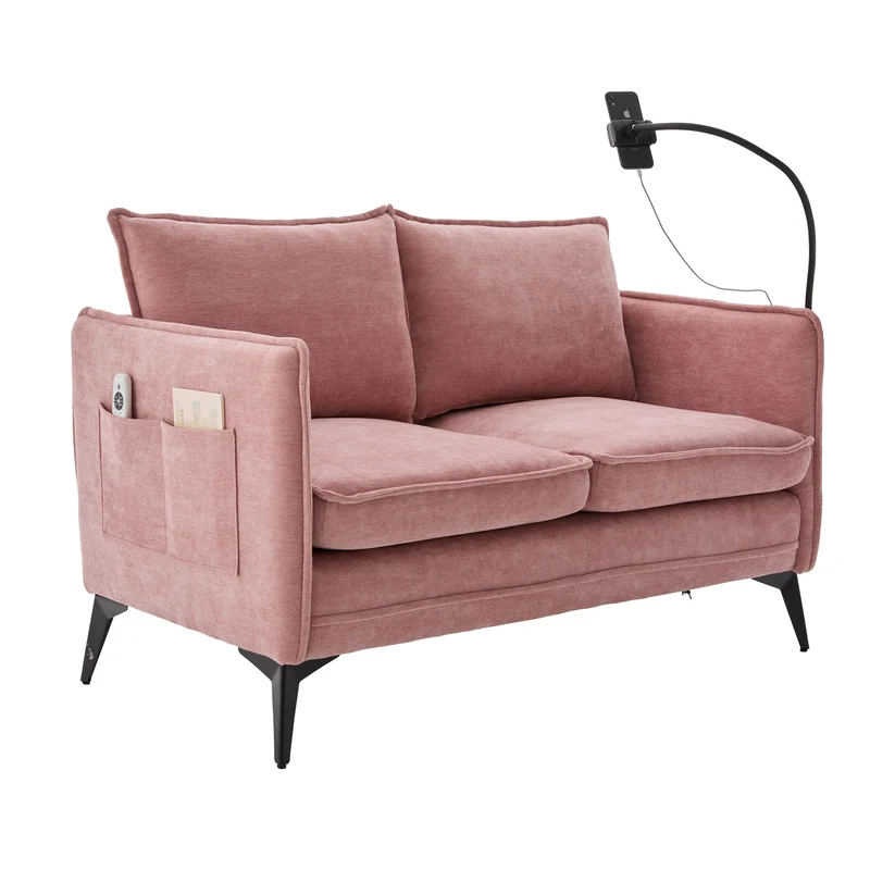 Canapé 2 places en tissu chenille rose avec support téléphone réglable 127x69x66cm INFINITEZORA