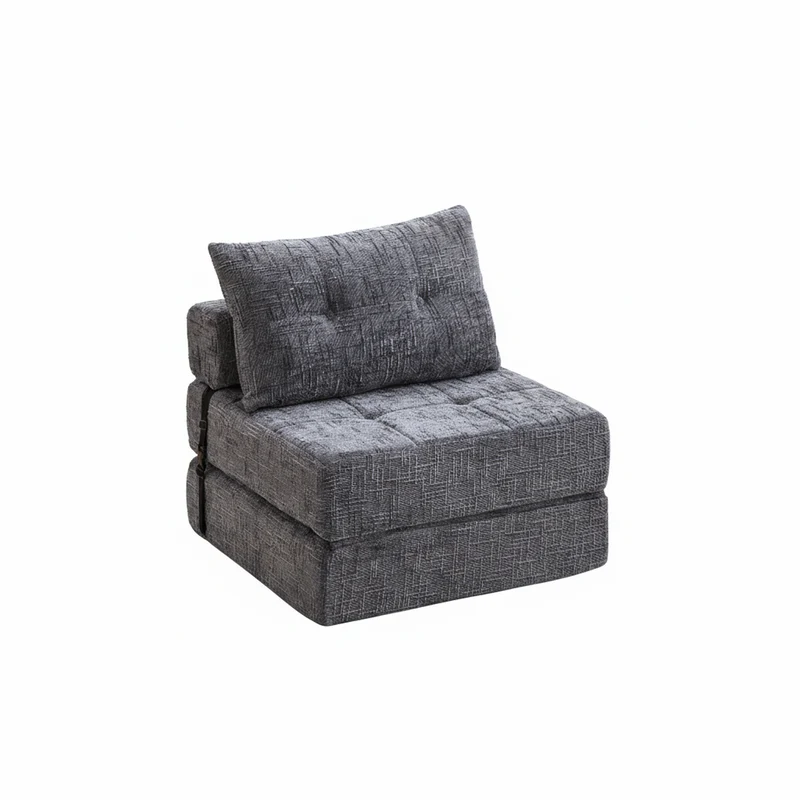 Fauteuil lit pliable gris en chenille avec coussins 79x79x57cm QUASARREX