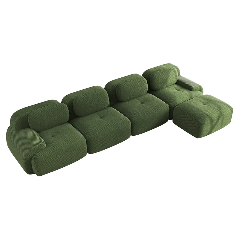 Grand canapé d'angle 4 places modulable en velours côtelé vert kaki avec accoudoirs courbés, sans montage GANOID