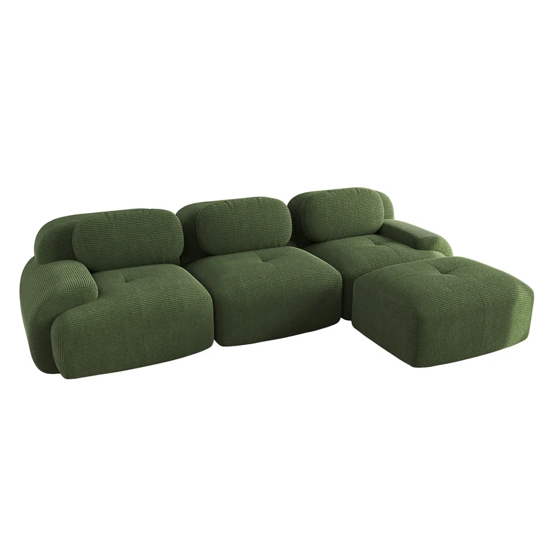 Canapé d'angle 3 places modulable en velours côtelé vert kaki avec accoudoirs courbés, confort premium, sans montage REELEDSILK