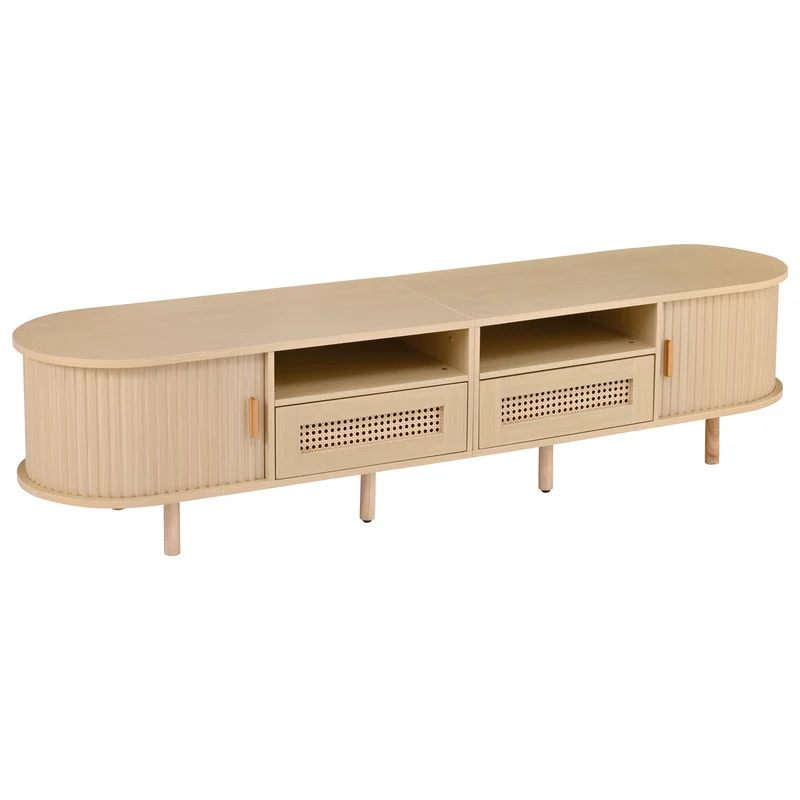 Meuble TV ovale effet bois, 2 portes coulissantes en rotin synthétique et 2 tiroirs TRAUXAID