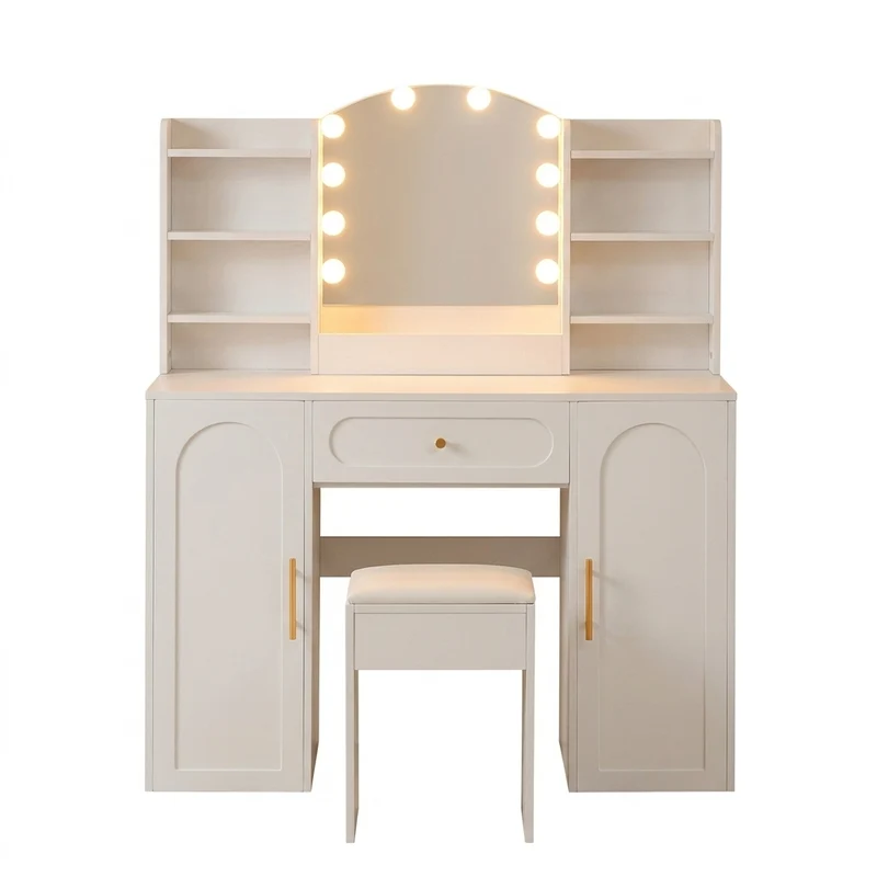 Coiffeuse grande taille blanc avec miroir LED réglable, tabouret, 1 tiroir et 2 portes 110x40x132cm MOMENTUMCLARITY