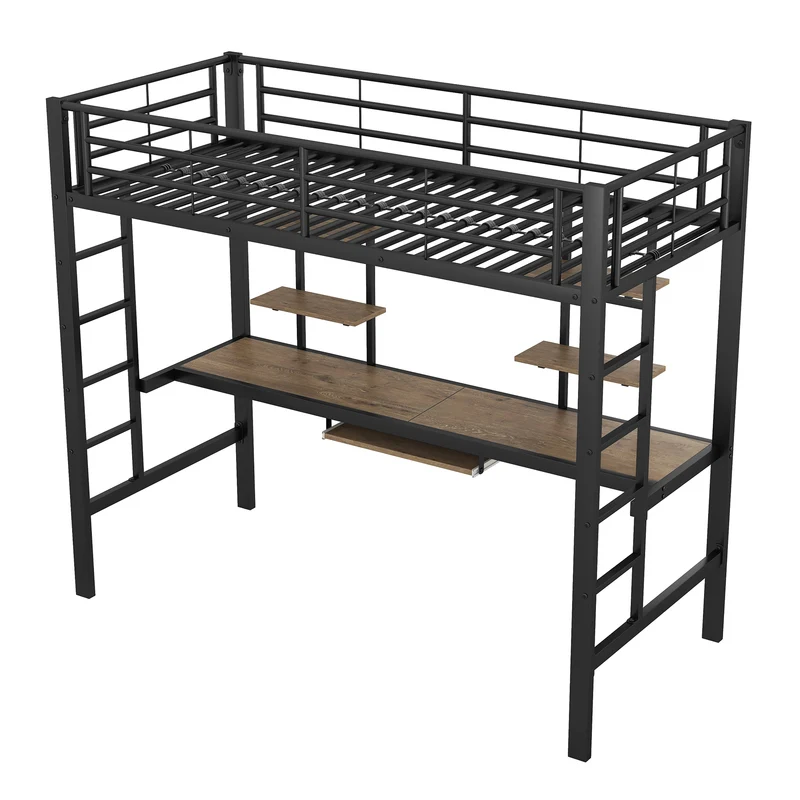 Lit mezzanine simple métal noir avec bureau et étagères 2 cotés 90x200cm INFINITEVORTEX
