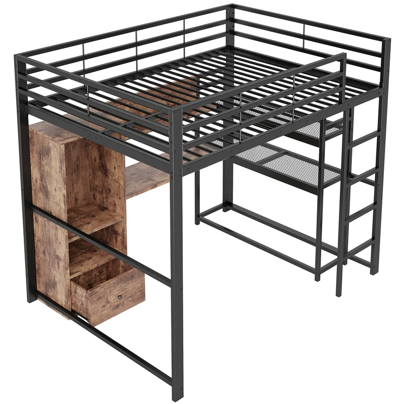 Lit mezzanine double métal noir avec bureau, étagère, escalier et éclairage LED 140x200 cm INFINITEDYNE