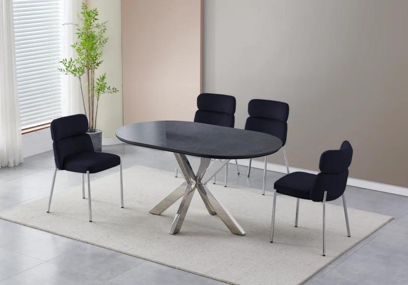 Table ovale pierre noir et 4 chaises argent – Nora
