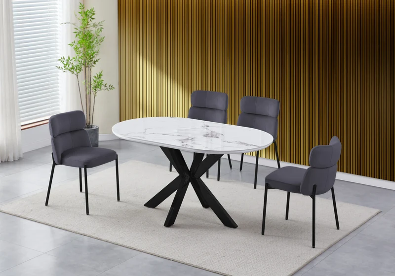 Table ovale marbre blanc et 4 chaises noir – Nora