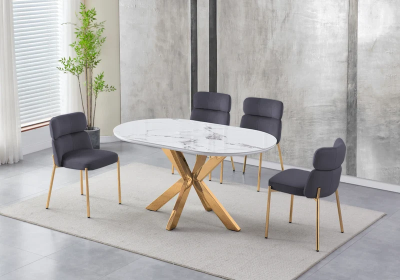 Table ovale marbre blanc et 4 chaises doré – Nora