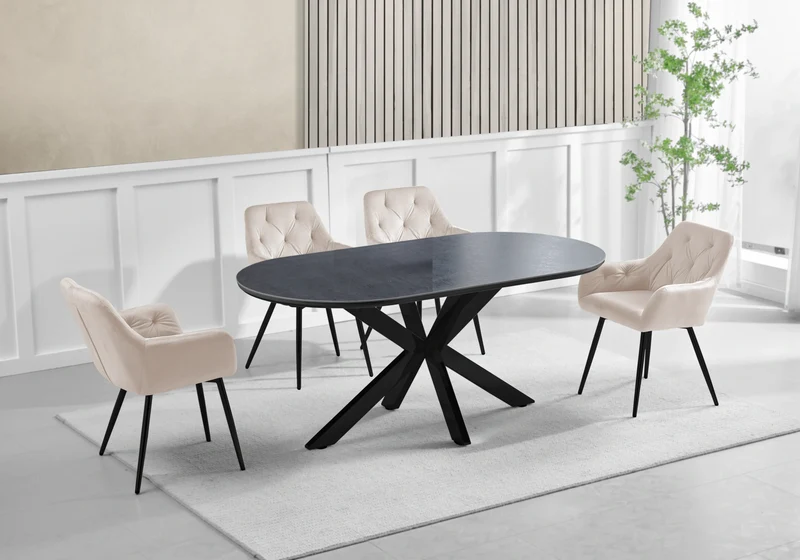 Ensemble table pierre noir et 4 fauteuils – Otho