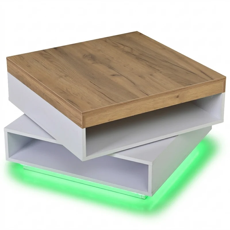 Table basse effet bois carrée pivotant 360° avec LED 65x65x40cm MERIDIANMOMENT