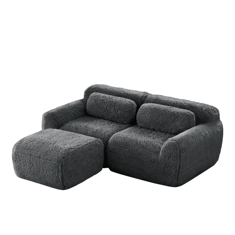 Canapé d'angle 2 places modulable en tissu peluche gris, avec coussins, sans montage FLAREMOME