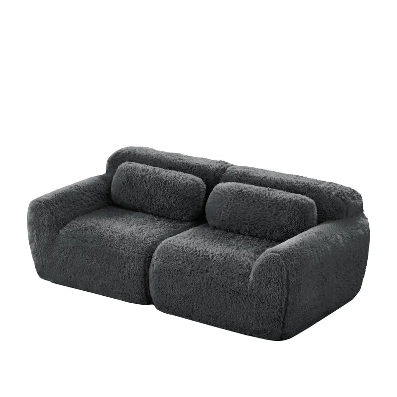 Canapé 2 places modulable en tissu peluche gris, avec coussins, sans montage RIFTINFINITE