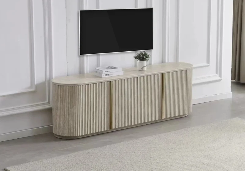 Meuble TV design ovale travertin cannelé - Terra