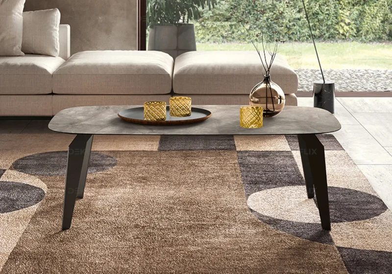 Table basse rectangulaire effet marbre doré et métal noir - Nora