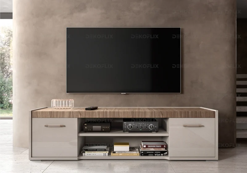 Meuble TV 174 cm bois corde et plateau noyer design - Nora
