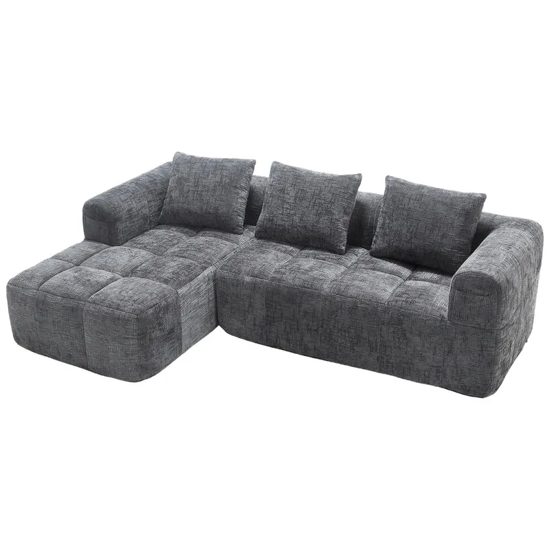 Canapé d'angle 3 places modulable en chenille gris avec méridienne et poches latérales sans montage INFINITEMOMEN