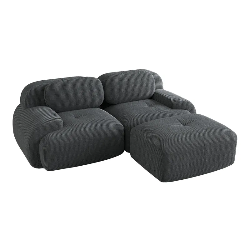 Canapé d'angle modulable en velours côtelé gris avec méridienne et accoudoirs courbés, sans montage FLARECLAR