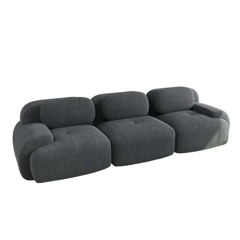 Canapé 3 places modulable en velours côtelé gris et accoudoirs courbés, sans montage FLARECASCD