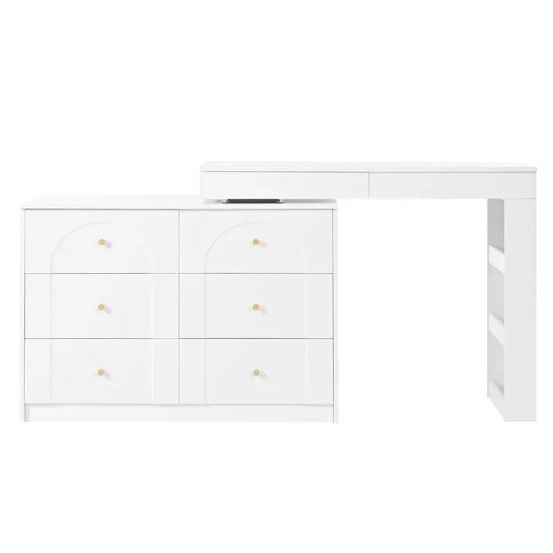 Coiffeuse ou bureau pivotant blanc avec 6 tiroirs, étagères ouvertes et miroir éclairage LED 105x40x80cm CARROIL