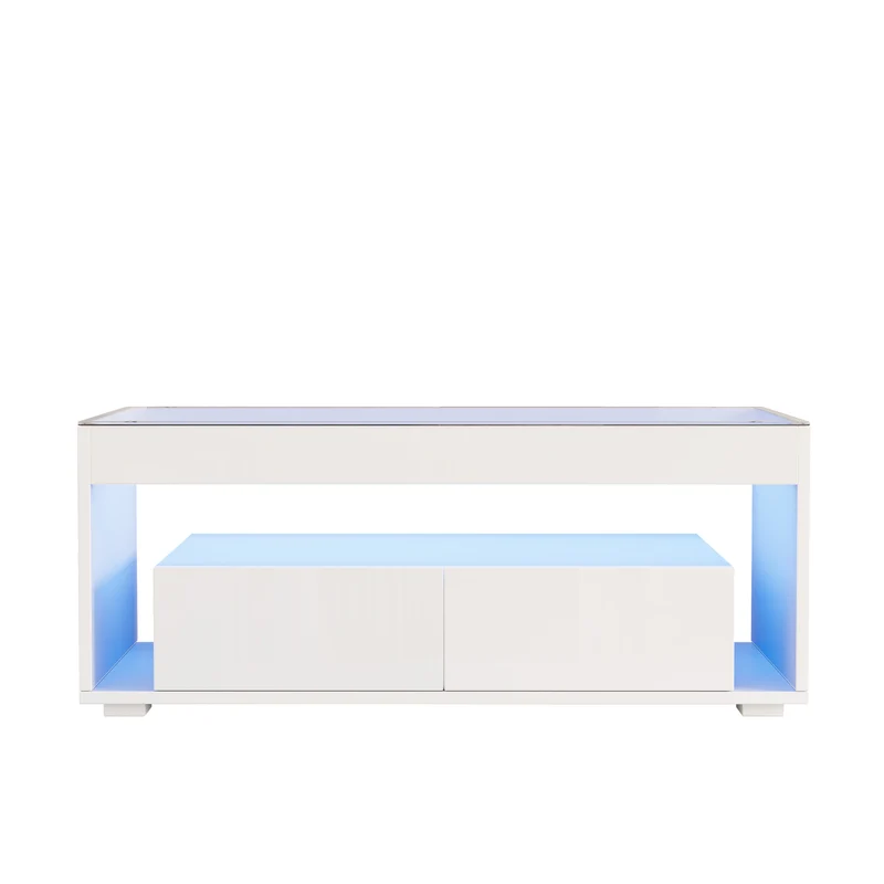 Table basse blanche en verre 2 tiroirs avec éclairage LED 100x50cm GEODYNAMO