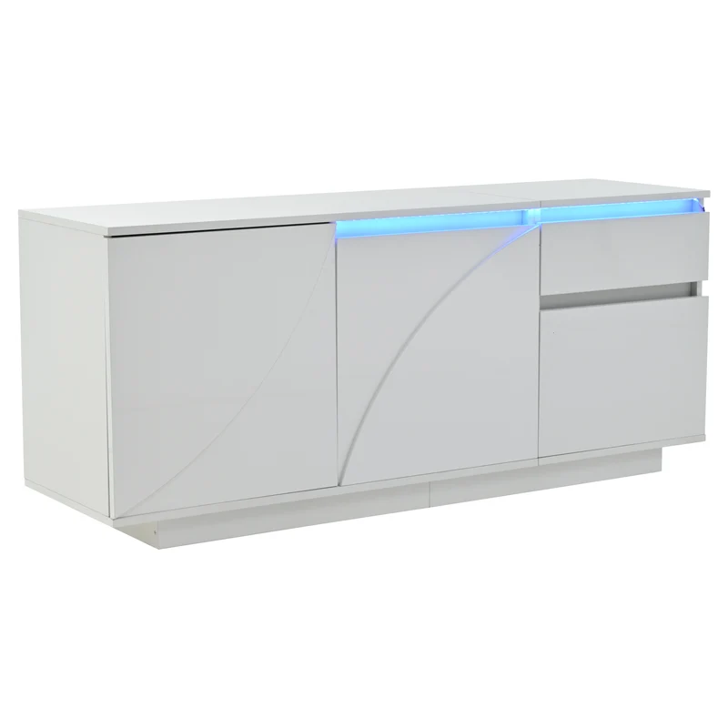 Buffet moderne blanc brillant motif géométrique 3 portes et éclairage LED GRASSPHYT