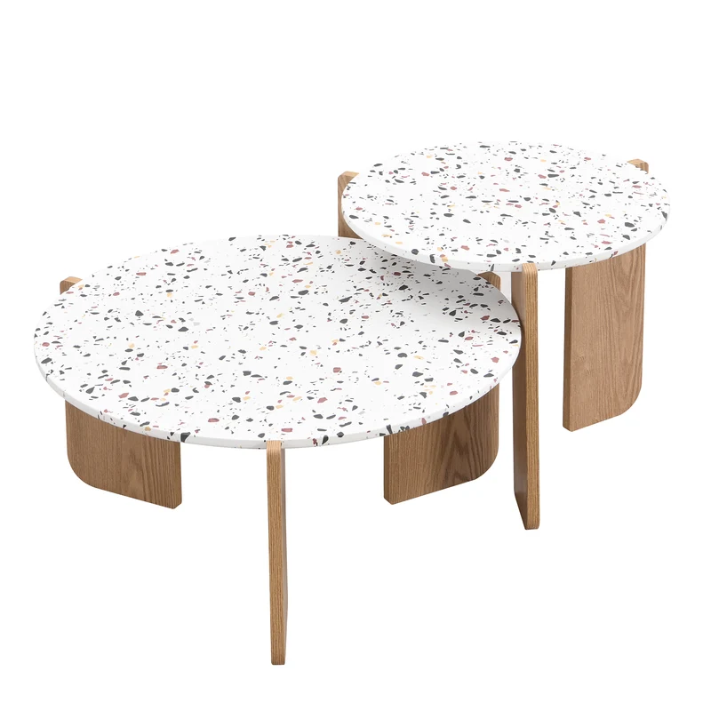 Ensemble de 2 tables basses gigognes blanches rondes pieds bois QEGZA WOOD