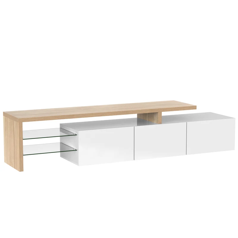 Design de meuble TV moderne blanc brillant aspect bois éclairage LED avec 3 portes battantes et étagères en verre rangement VROKEL