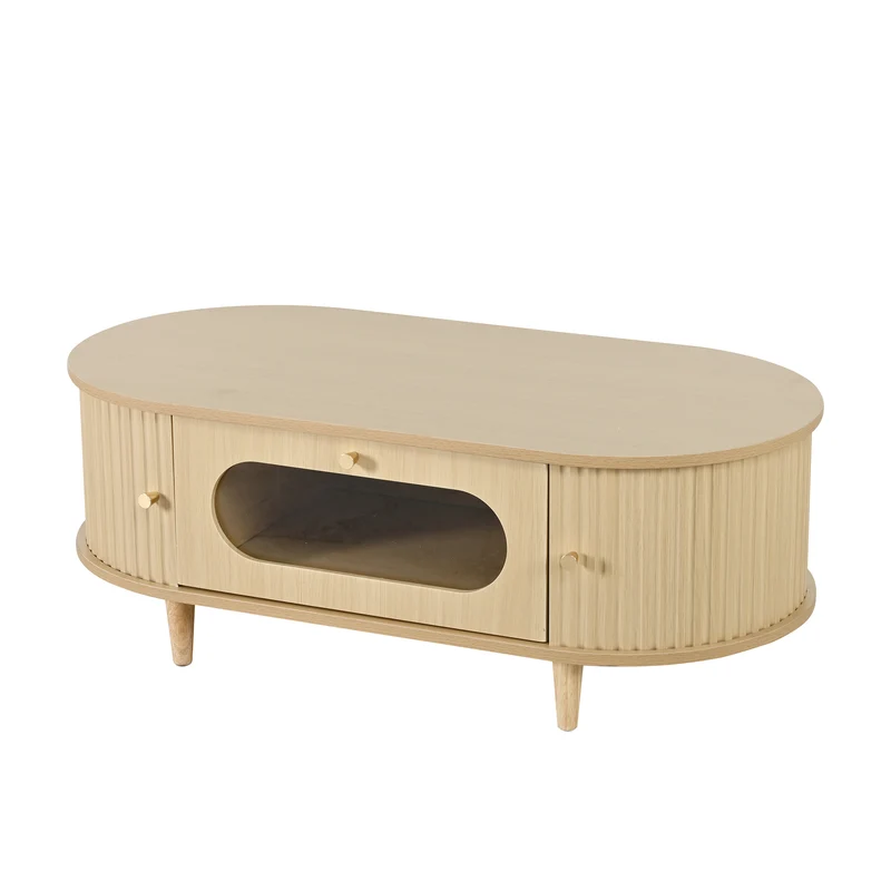 Table basse effet bois chêne 1 tiroir & portes coulissantes RIFTVALTHYNATH