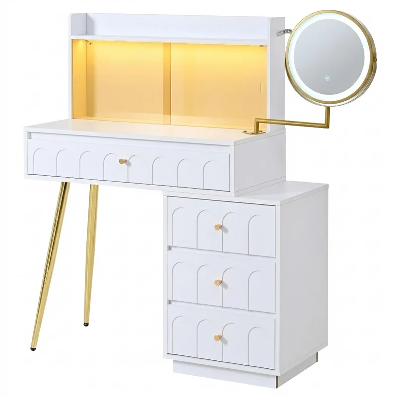 Coiffeuse blanche miroir pivotant, portes en verres coulissantes avec LED et 4 tiroirs détails dorés 112x40x116cm VERTEXVALTHOR