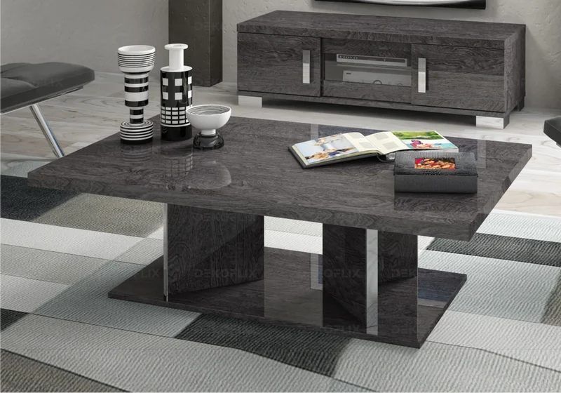 Table basse rectangulaire bouleau gris laqué design - Sarah