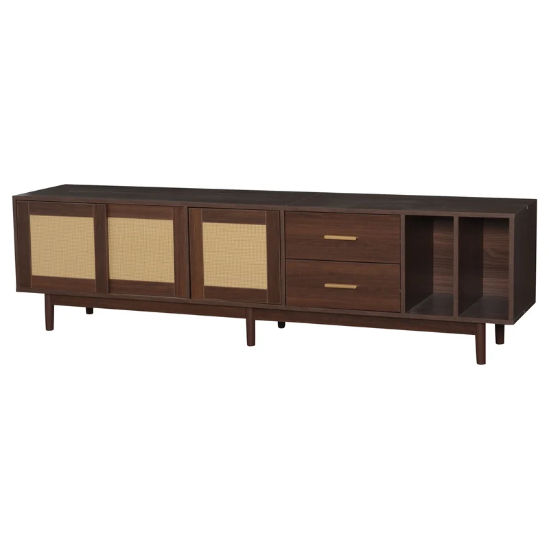Meuble TV effet bois noyer et 3 portes en rotin 2 tiroirs 190x40x52 cm TERRALON