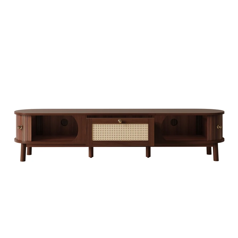 Meuble TV en bois noyer ovale 2 portes coulissantes et tiroir en rotin 170x39,5x38cm ETHEREALLNE