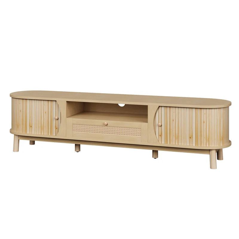 Meuble TV effet bois claire ovale tiroirs en rotin et 2 portes coulissantes 165x37x46cm VIVIDLNE