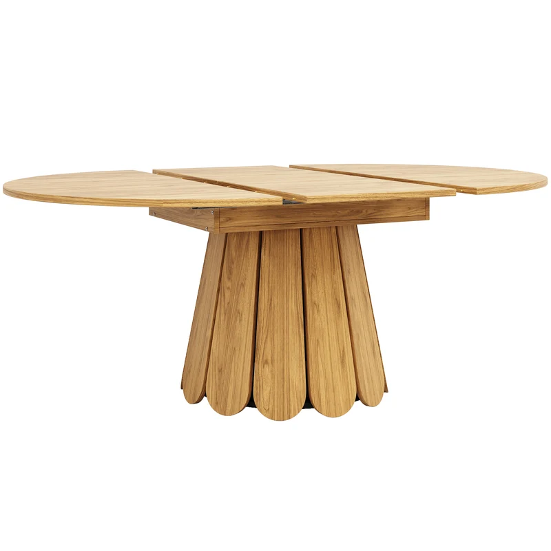 Table de salle à manger extensible ronde effet bois claire piétement tulipe à lattes 118-158 cm VIGOURLA