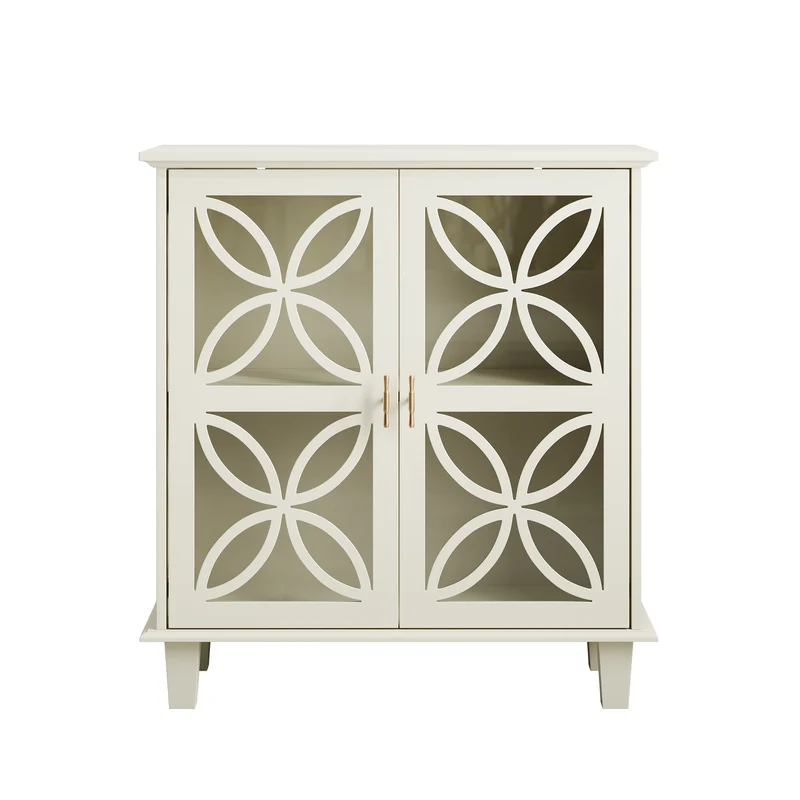 Buffet blanc crème 2 portes vitrées verre trempé à motifs tréfilés 80x38x87cm OBSIDIANORA